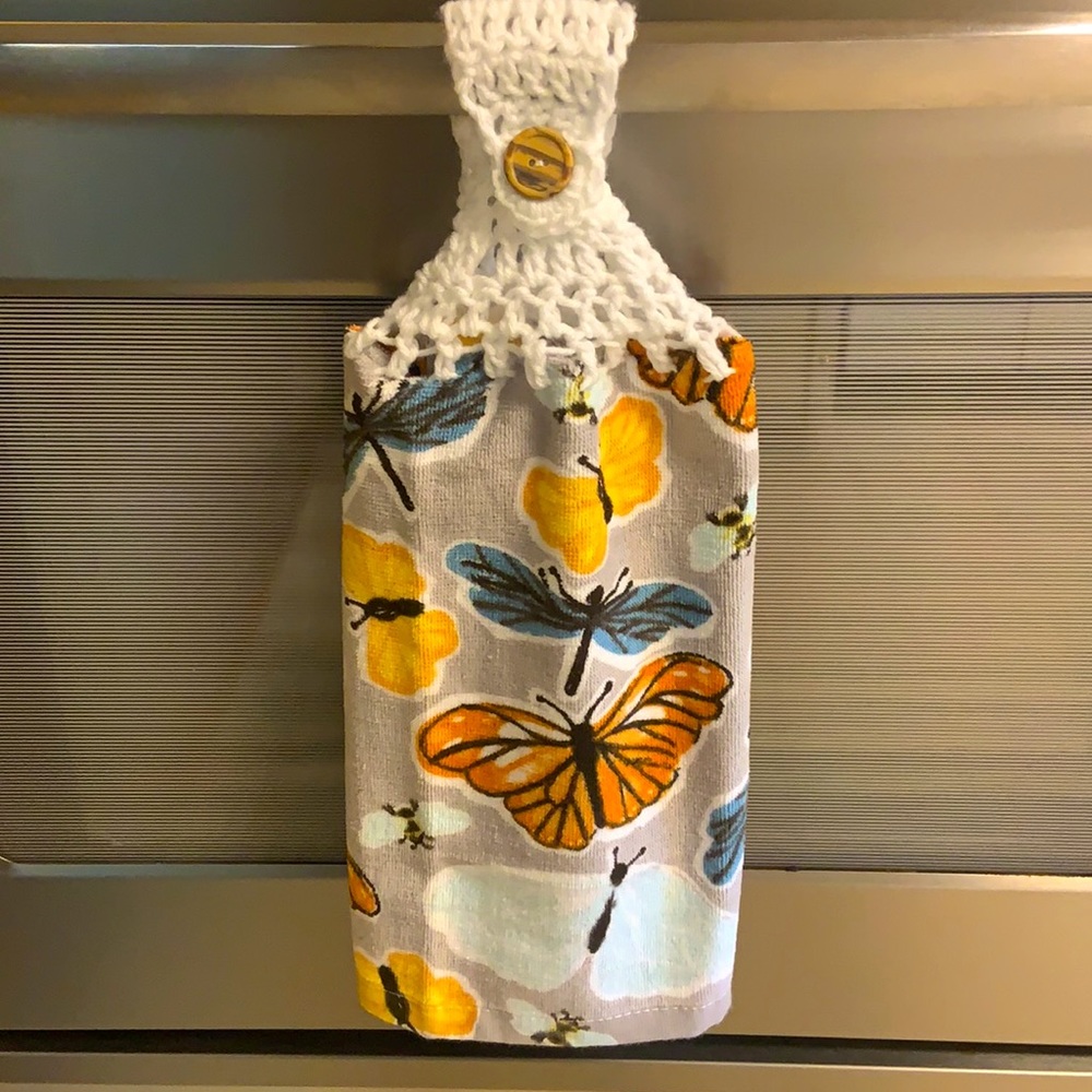 Hand Crafted Crocheted Top Butterflies Hanging Kitchen or Bathroom Hand Towels - Picture 6 of 7